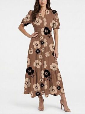Taylor Brown Floral Maxi Dress with Black & Cream Accents